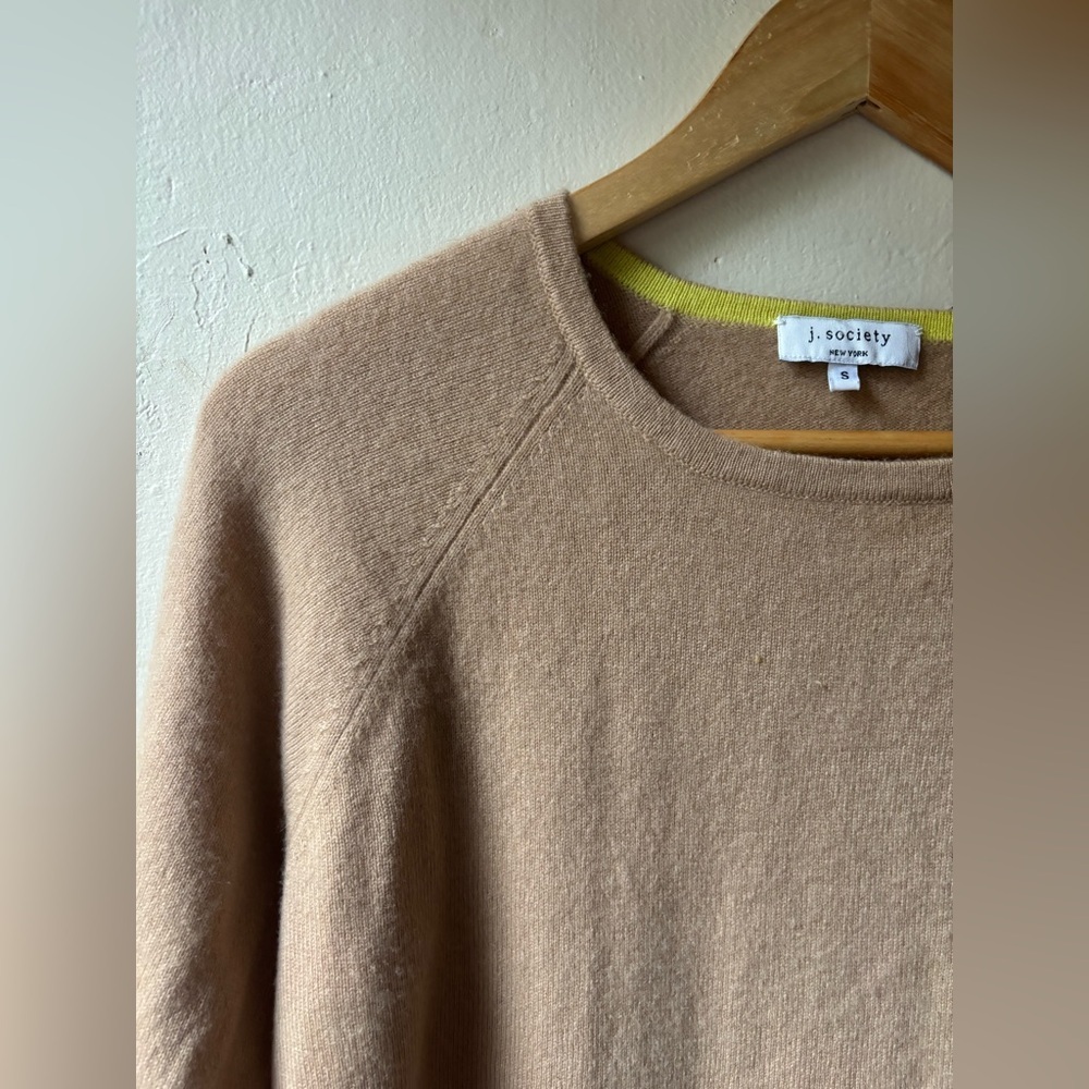 J. Society Cashmere Crew Neck Tan Sweater with Colorful Stripes - Picture 3 of 6